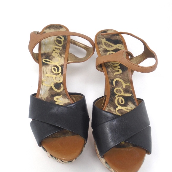 SAM EDELMAN BLACK LEATHER STRAPPY WOVEN HEELS - Picture 5 of 7